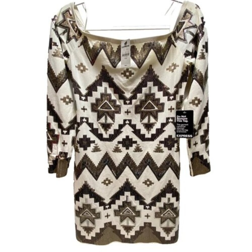 Express Mini Dress Women's Medium White Sequin Aztec Off Shoulder Bodycon (Read)